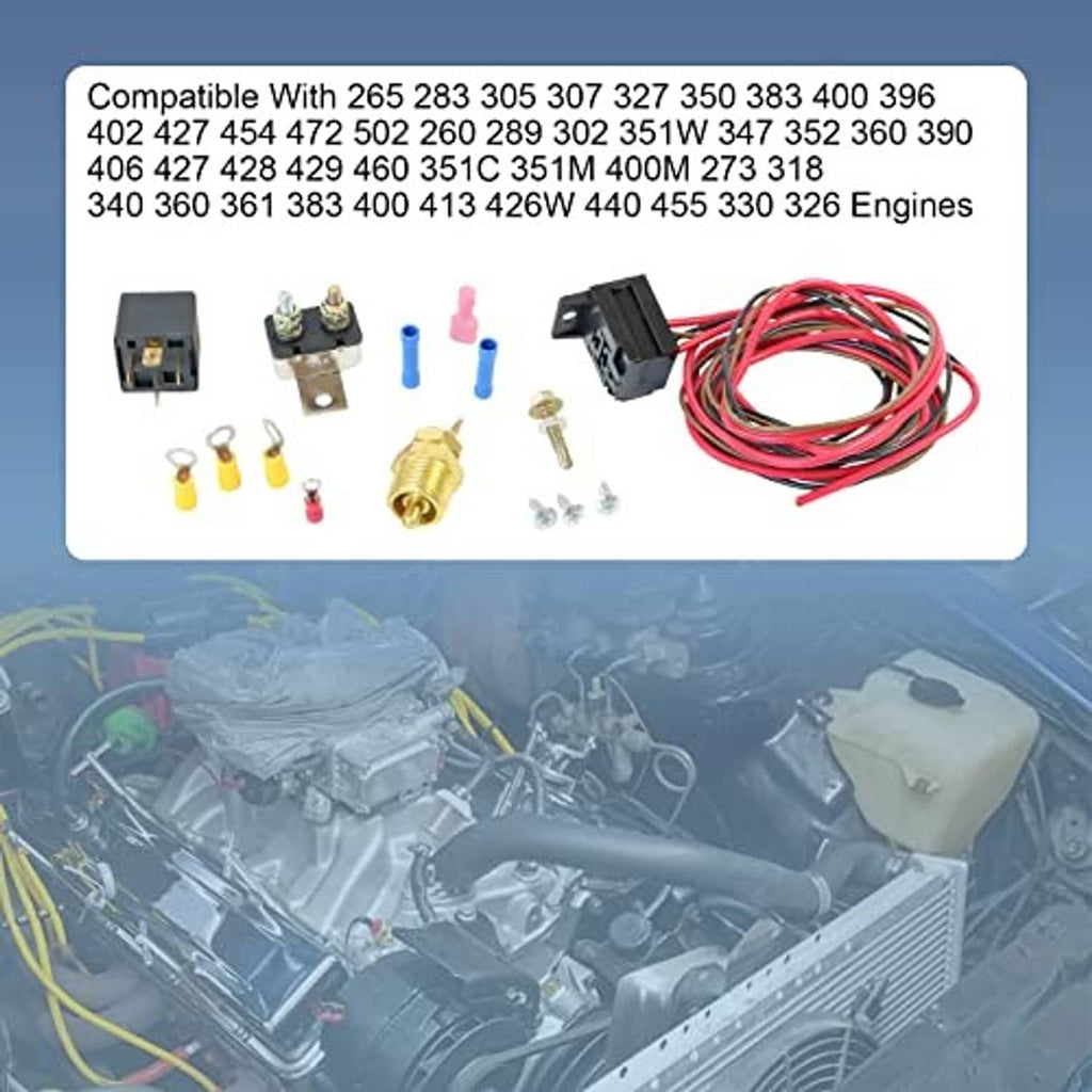 Electric fan thermostat kit with red wiring harness, brass sensor, and multi-color connectors