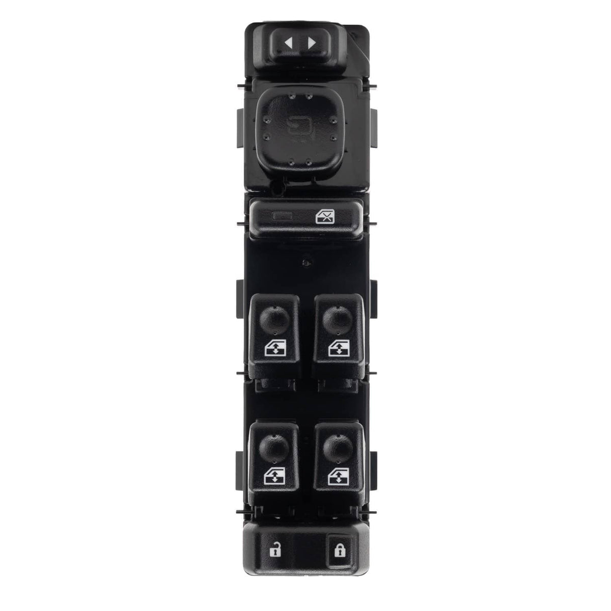 Power window control switch, front view with window buttons and lock button
