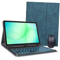 Teal tablet case with keyboard folio and matching mouse, tablet open and supported
