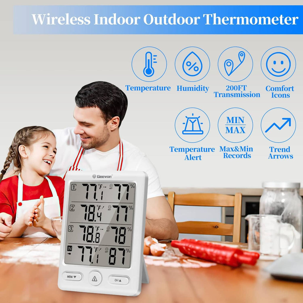 Wireless indoor outdoor thermometer with temperature, humidity, and comfort icon indicators