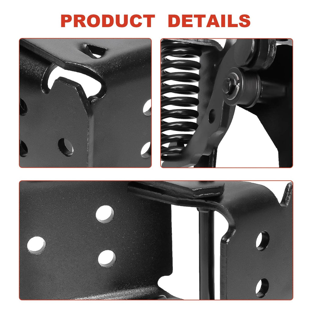 Black door hinge hardware close-up with mounting holes and coil spring detail.