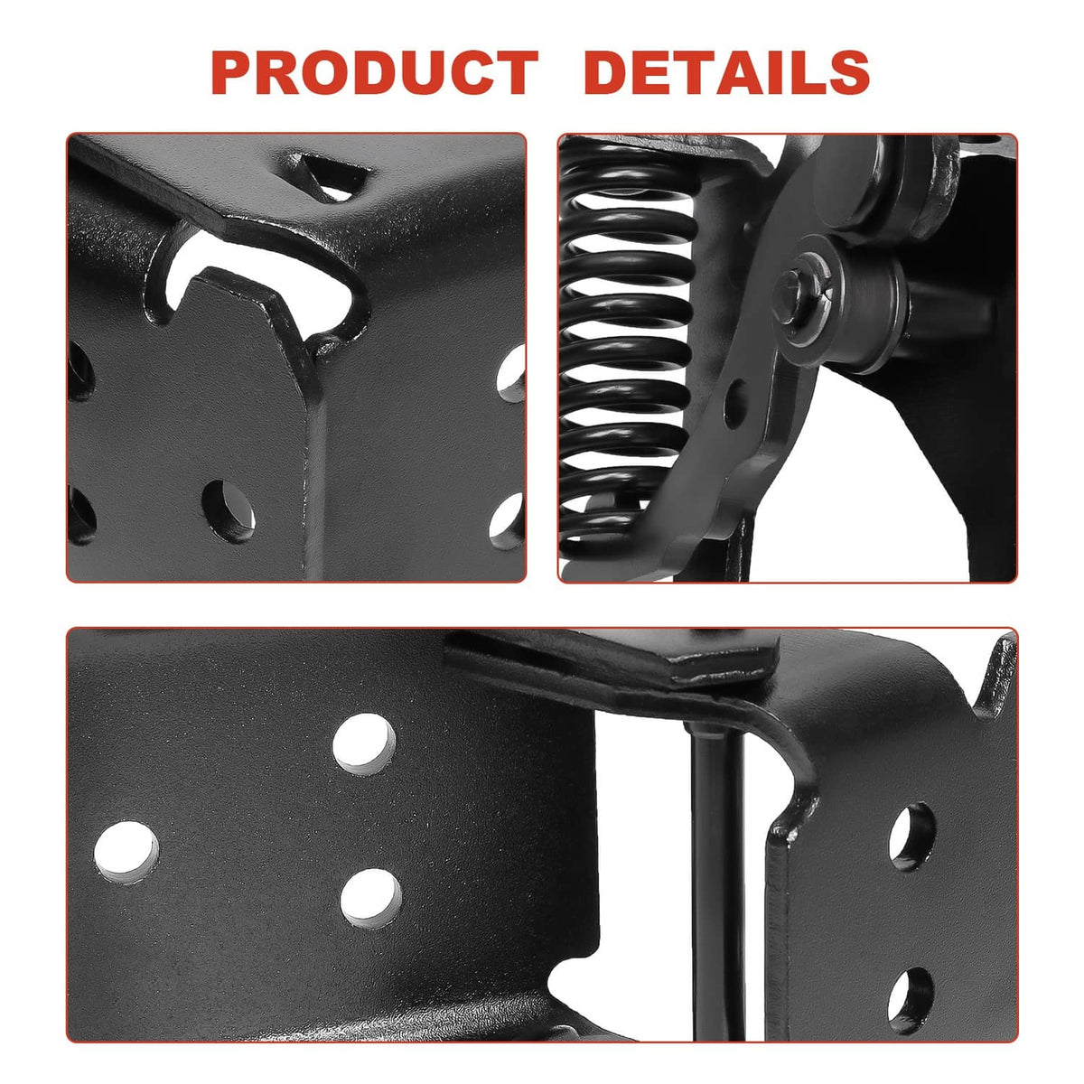 Black door hinge hardware close-up with mounting holes and coil spring detail.