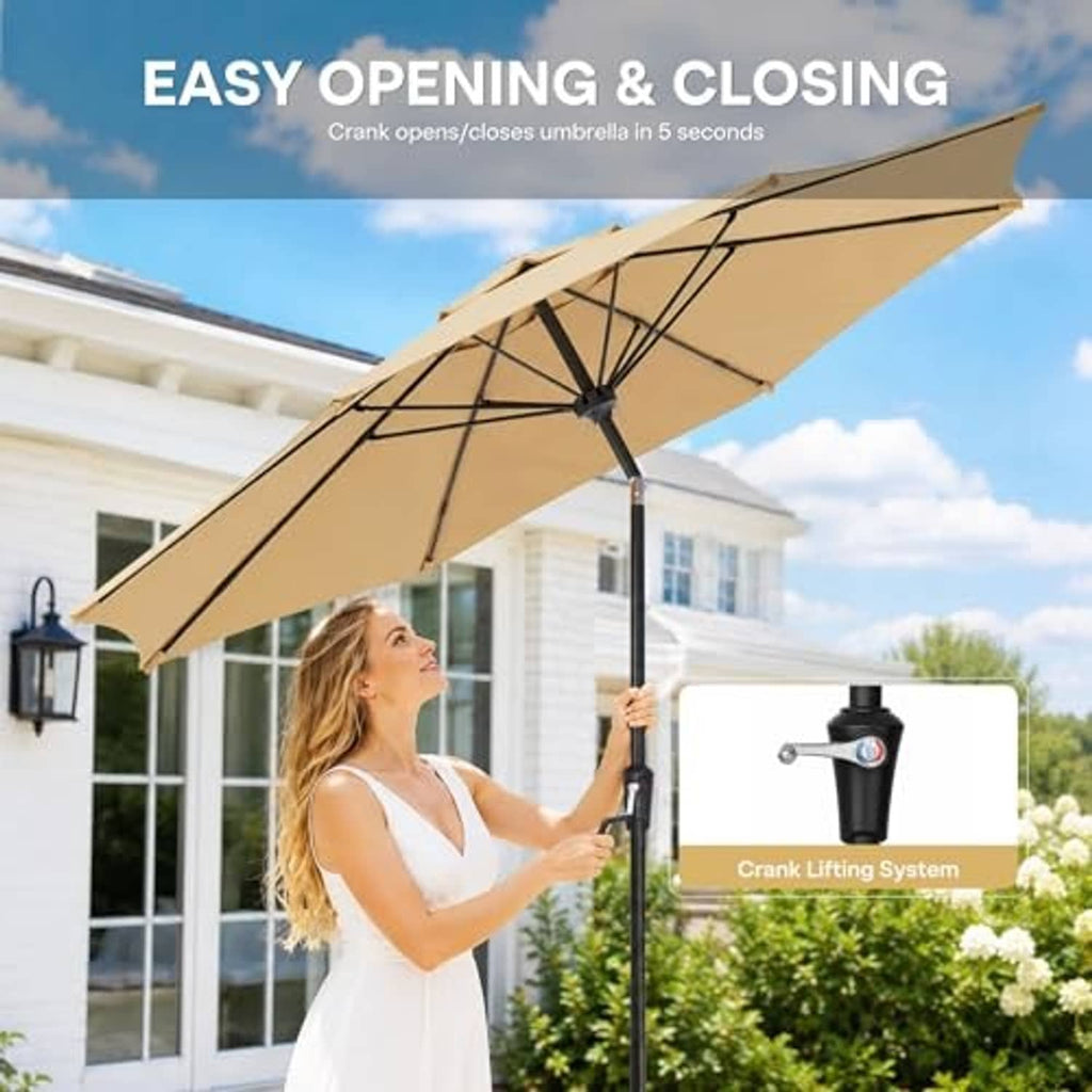 Beige patio umbrella with black pole and crank handle mechanism