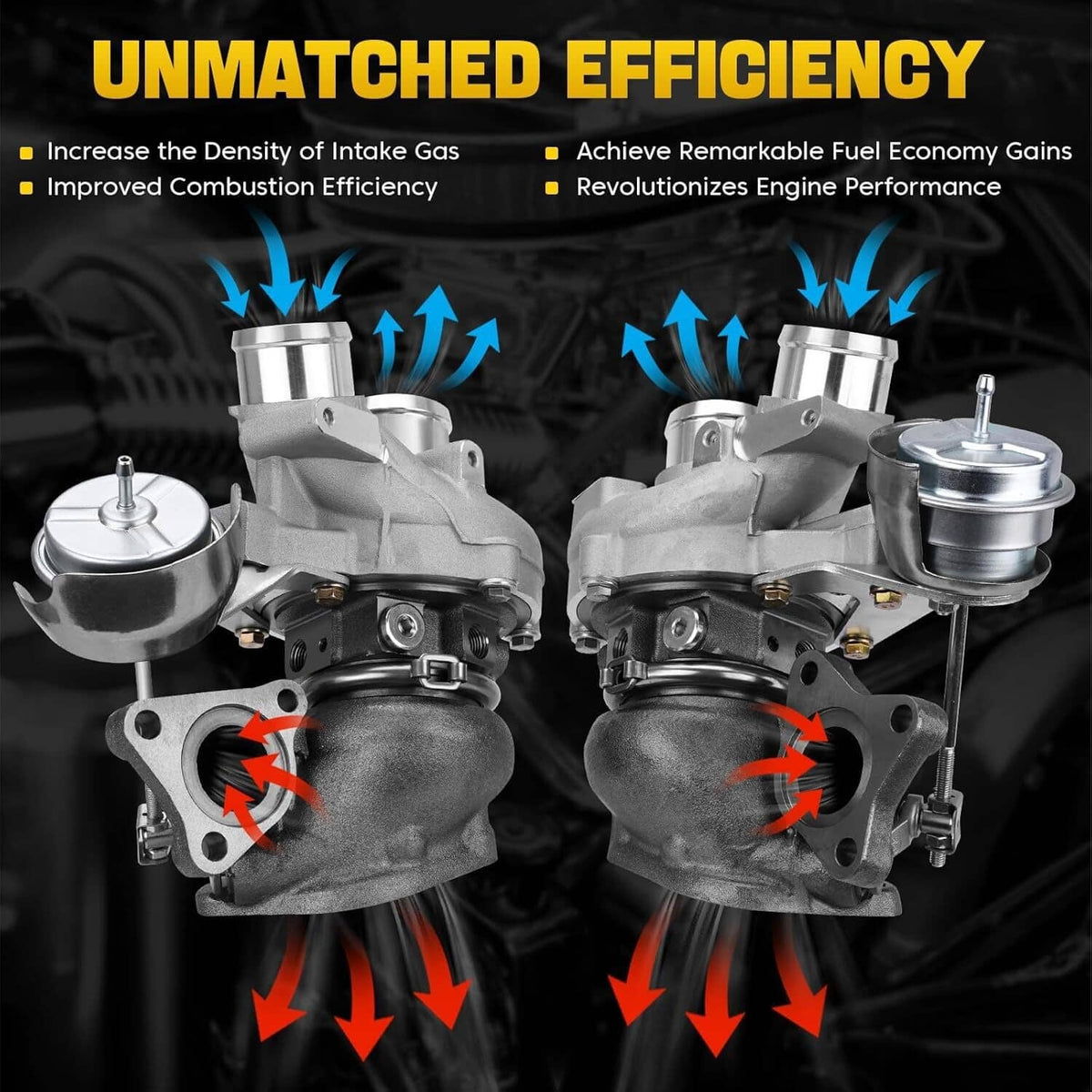 Two turbocharger assemblies with compressor housings and wastegate components.