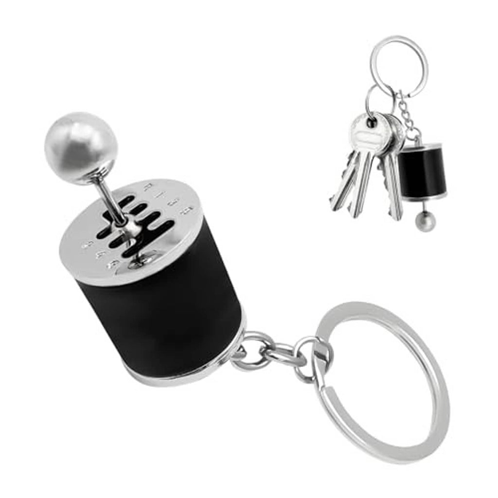 Six-speed auto gearbox keychain, black shift-lever fob with silver keys and keyring
