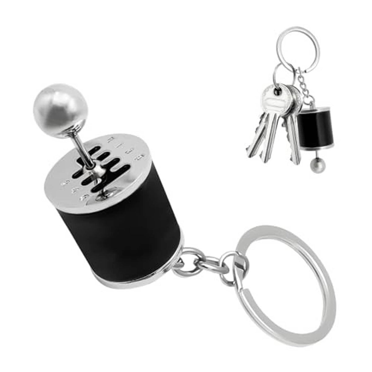 Six-speed auto gearbox keychain, black shift-lever fob with silver keys and keyring