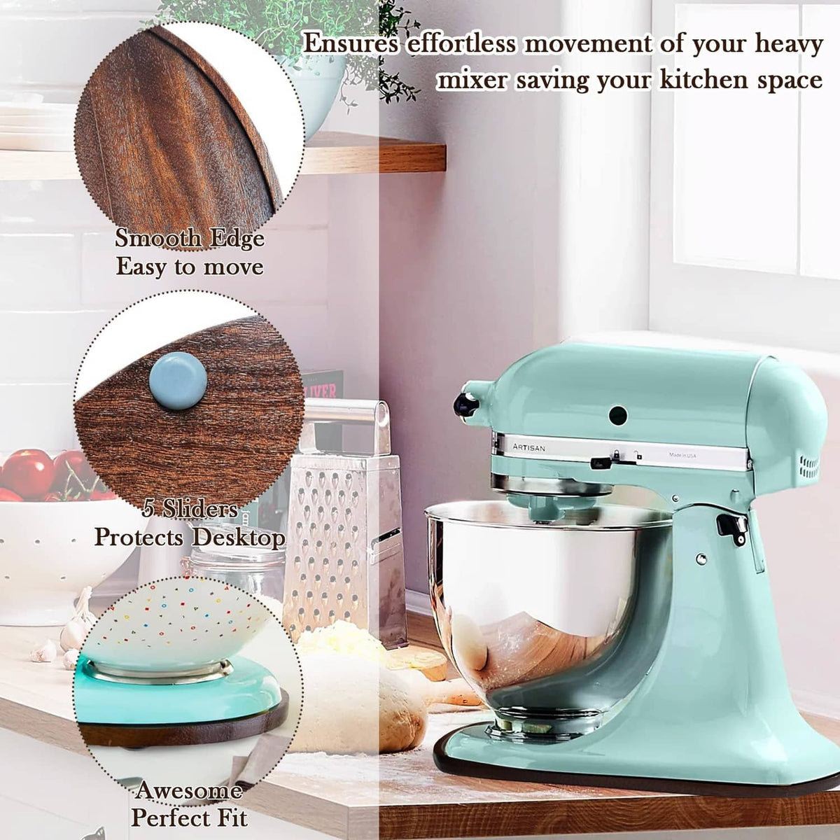 Walnut mixer slider mat with rounded smooth shape, shown fitted under tilt-head mixer