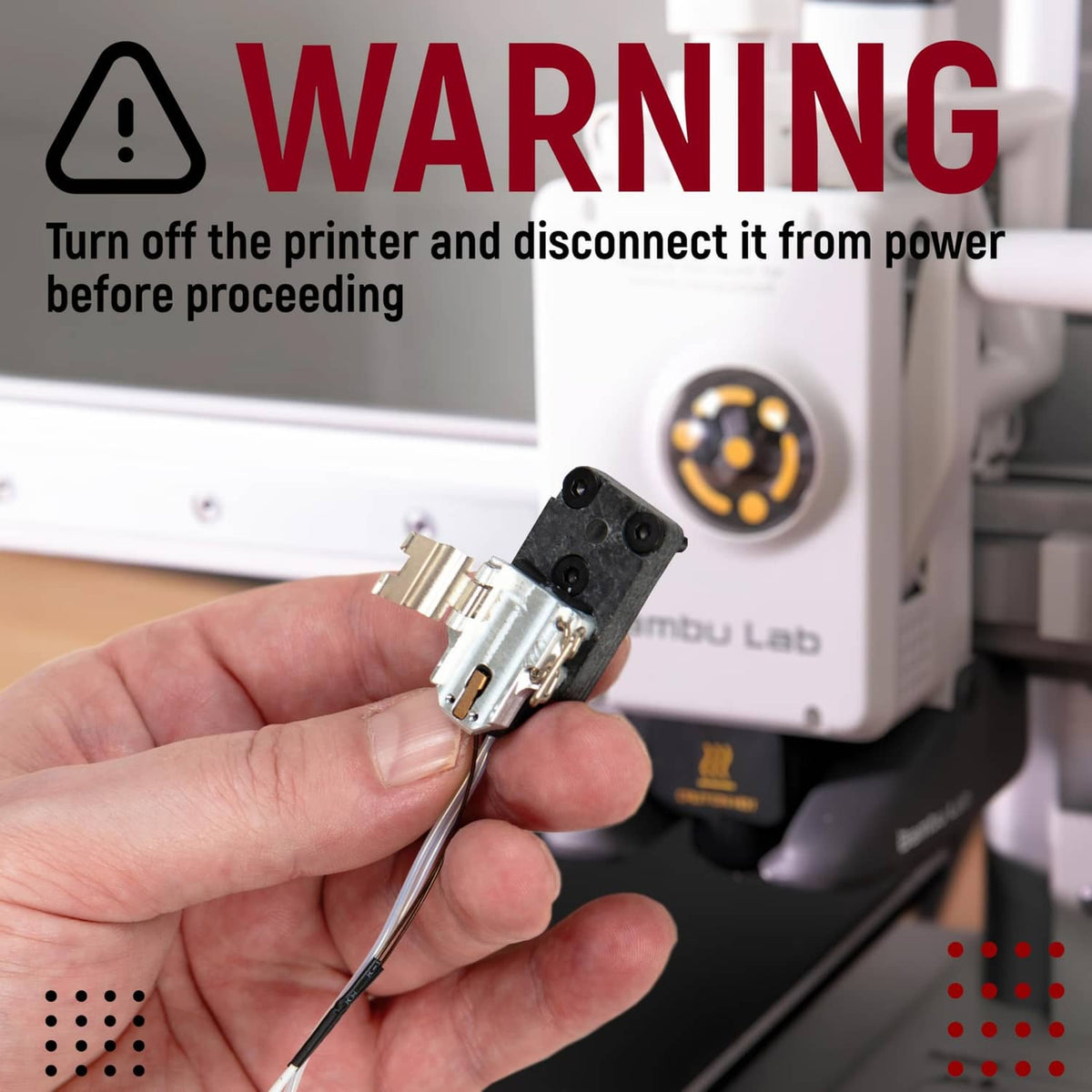 Hotend heating assembly module with metal connector and attached wires held in hand