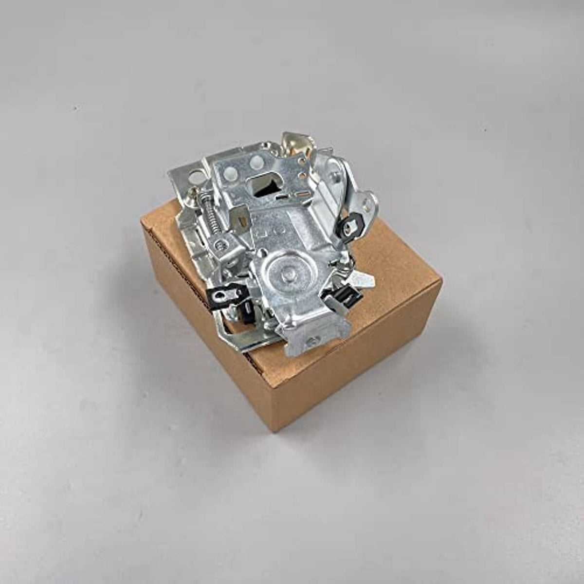 Single front door latch lock mechanism, silver metal with mounting points on box