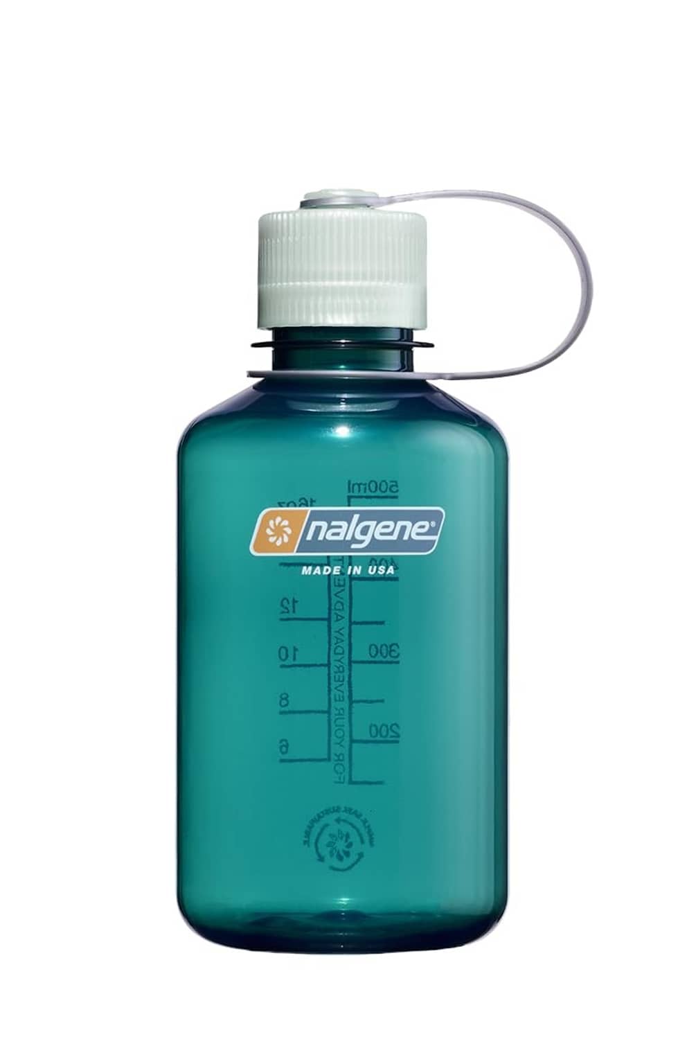 16 oz Nalgene narrow-mouth water bottle, teal with flip cap and loop handle.