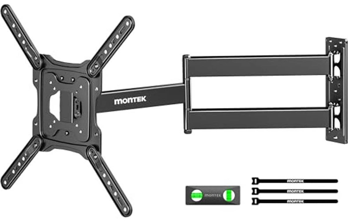 Long arm TV wall mount bracket, black, with extendable wall plate and arms