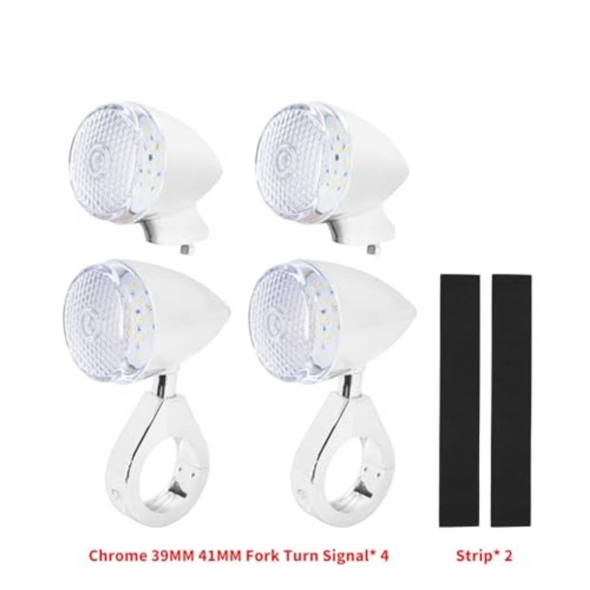 4-piece chrome-white LED fork turn signals with two mounting strips