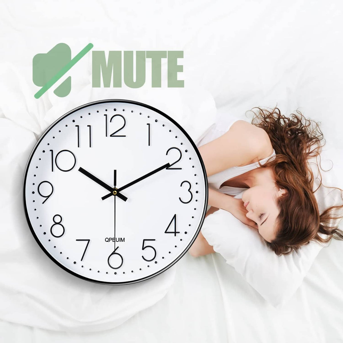 12-inch wall clock with white face, black rim, dot markers, black hands on white bedding