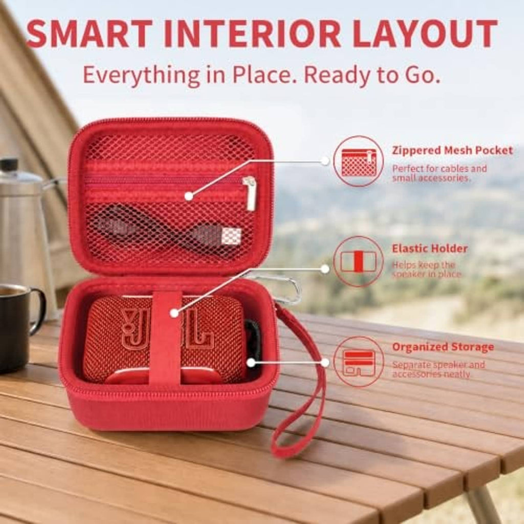 Red hard EVA speaker carrying case with mesh pocket and elastic holder, open layout