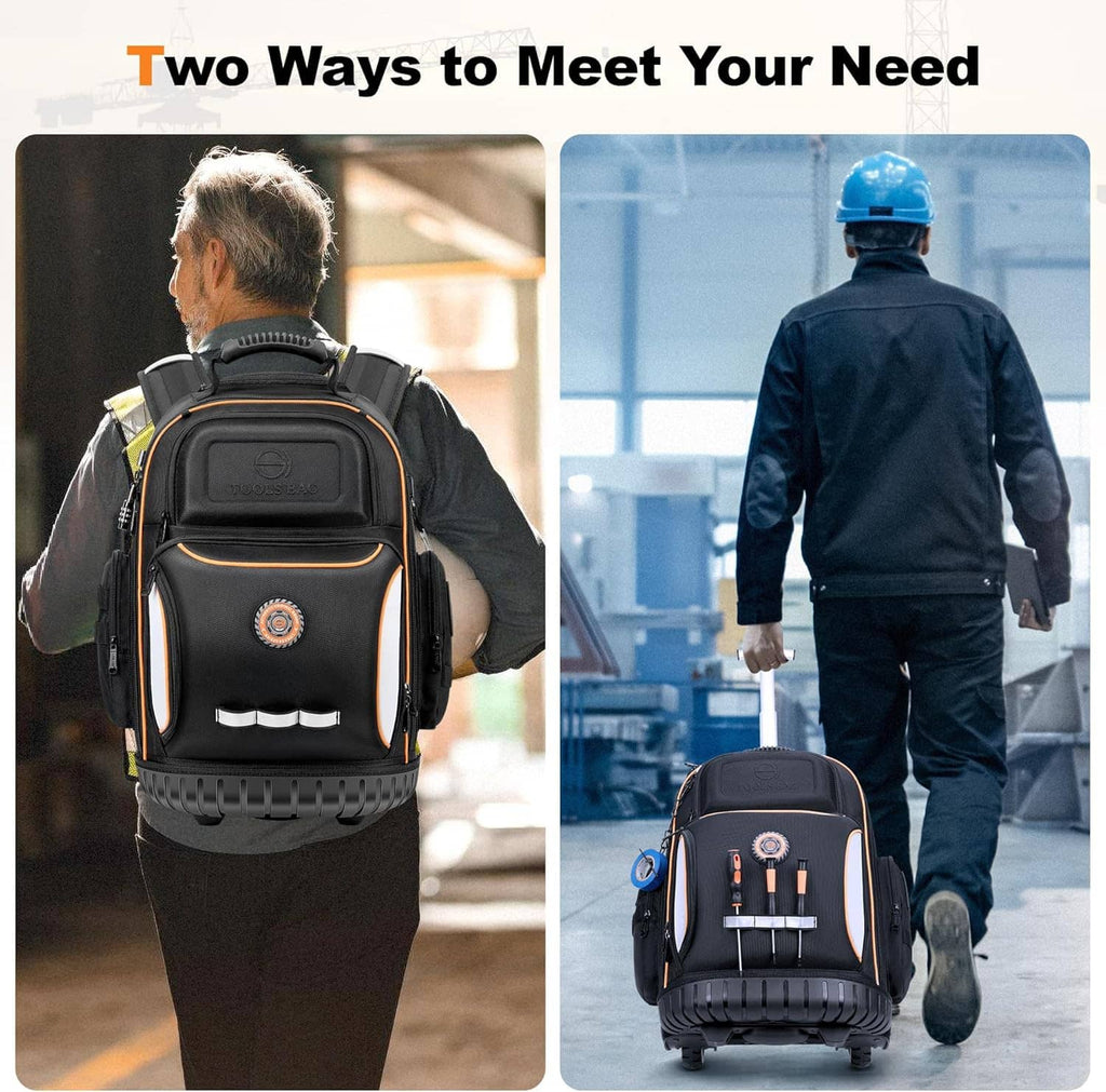 Black tool rolling backpack with padded shoulder straps and wheels for easy transport