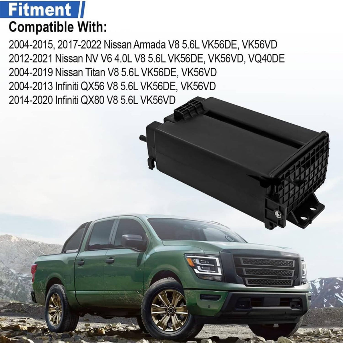 Black fuel vapor canister mounted on bracket with side grille panel