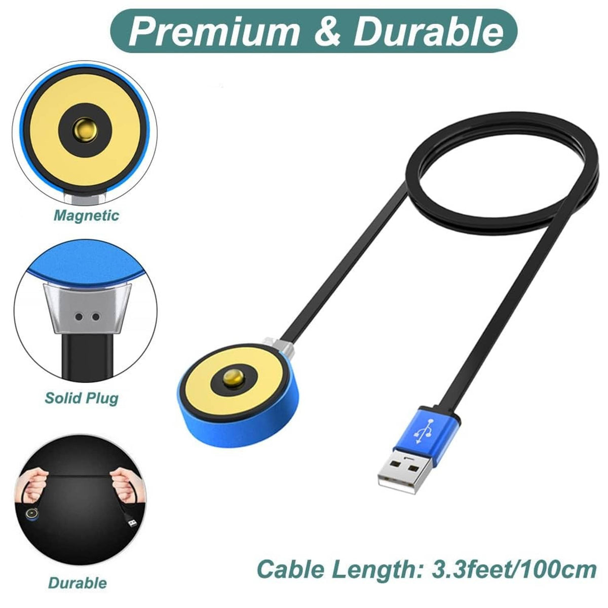 Magnetic charger plug with blue ring and gold center on USB-A cable