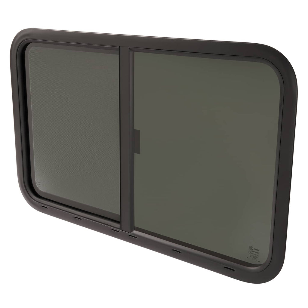 RV horizontal slider window with dark frame and tinted two-panel glass
