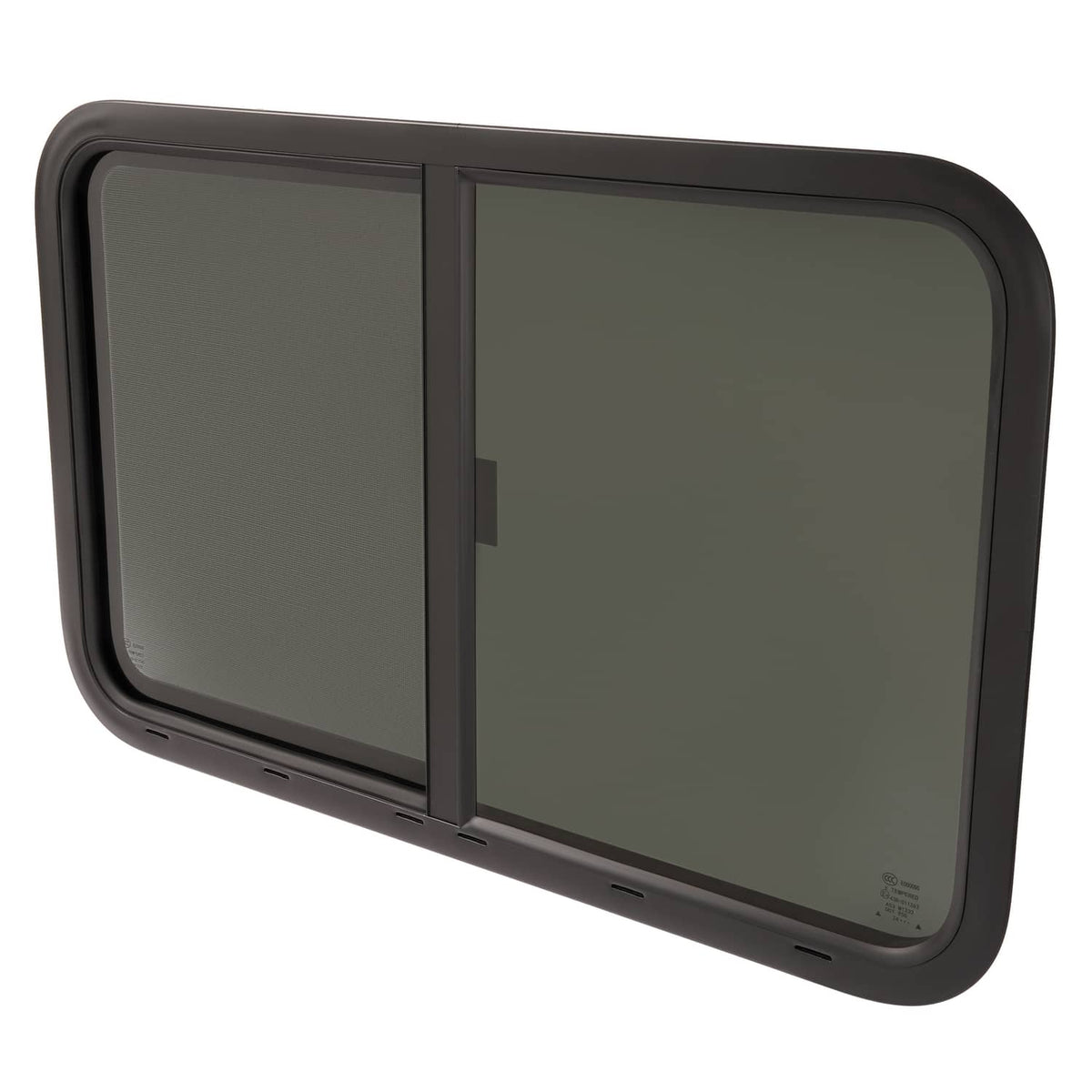 RV horizontal slider window with dark frame and tinted two-panel glass