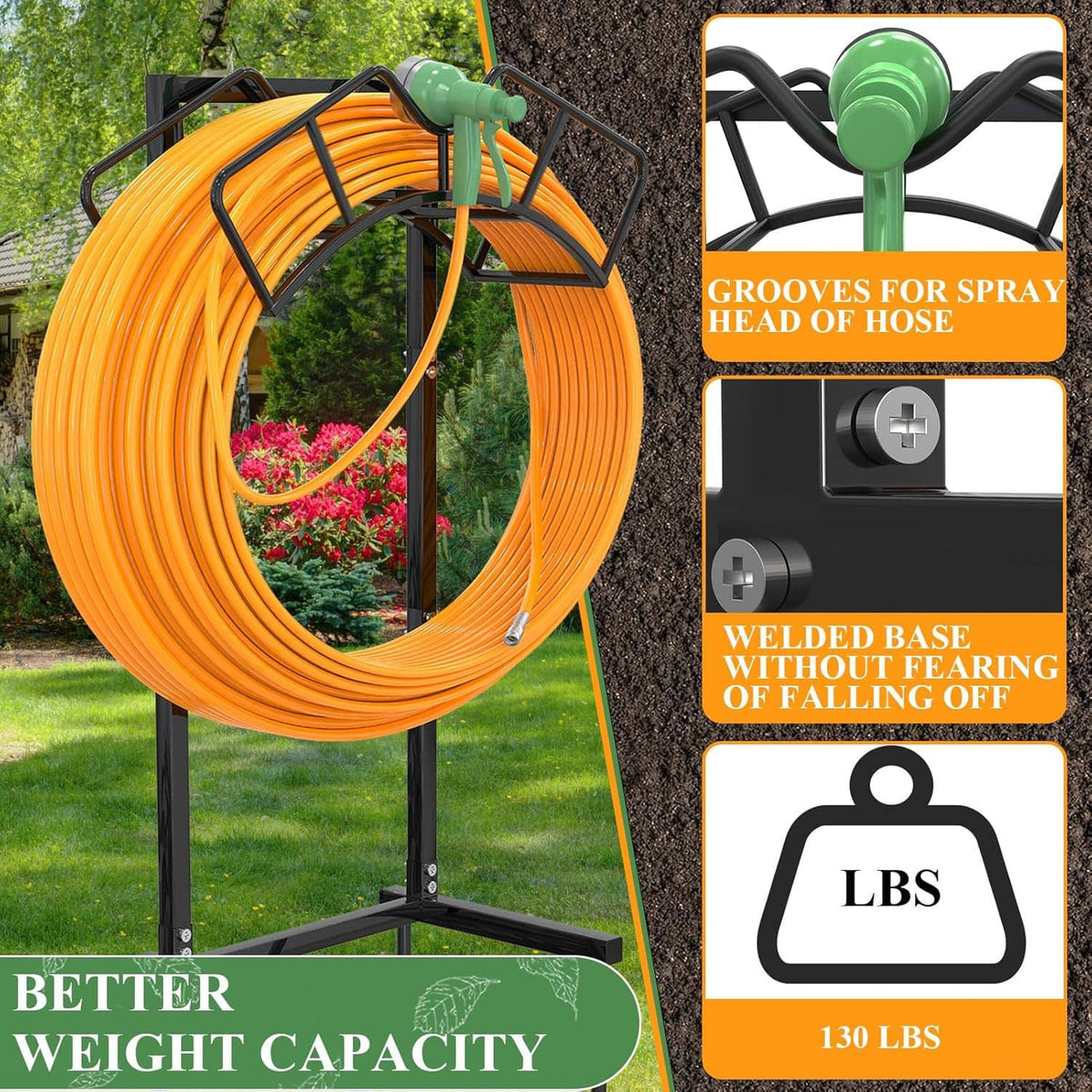 Freestanding hose holder stand with coiled orange hose and green spray head