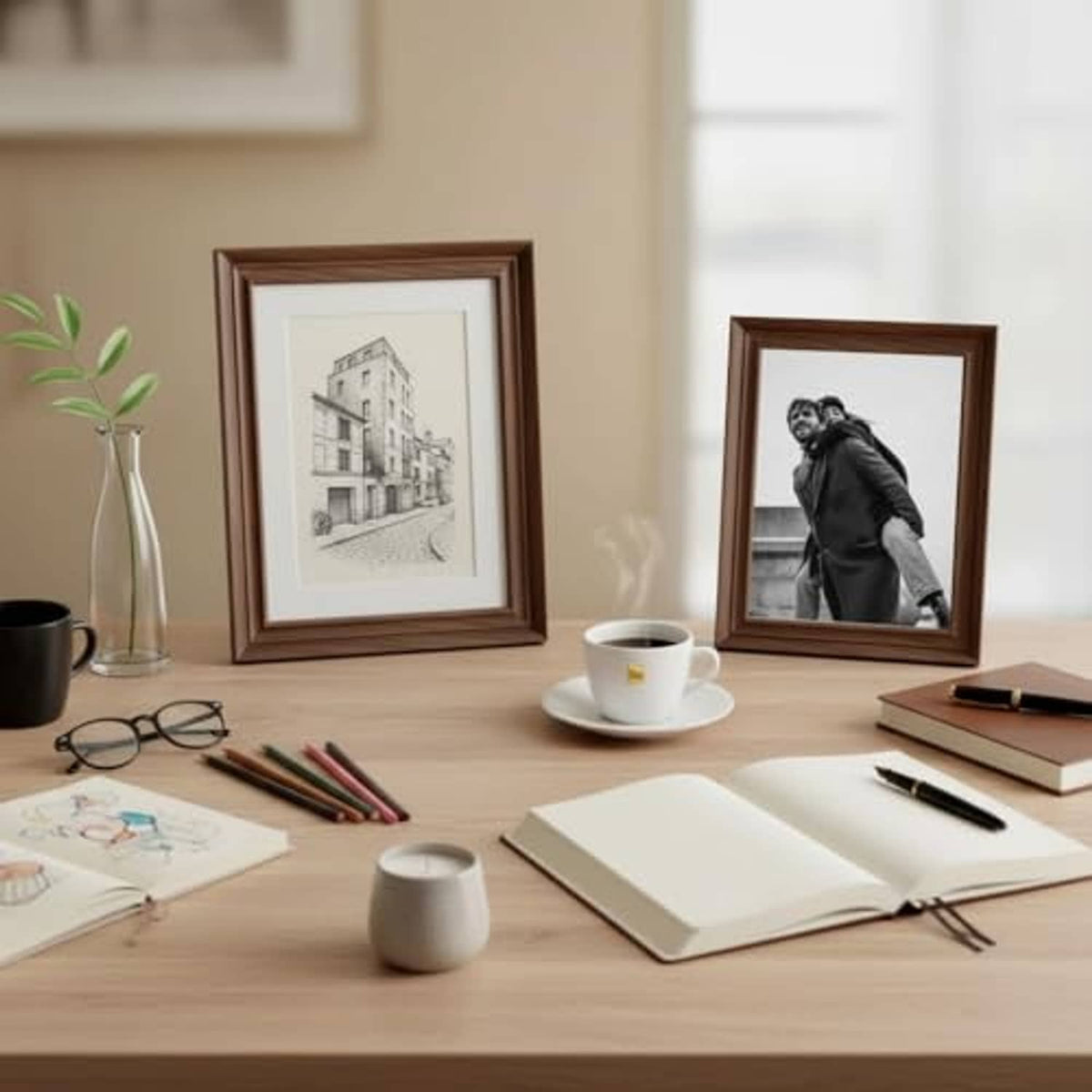 Walnut wood picture frame set on tabletop, holding monochrome portrait and building prints
