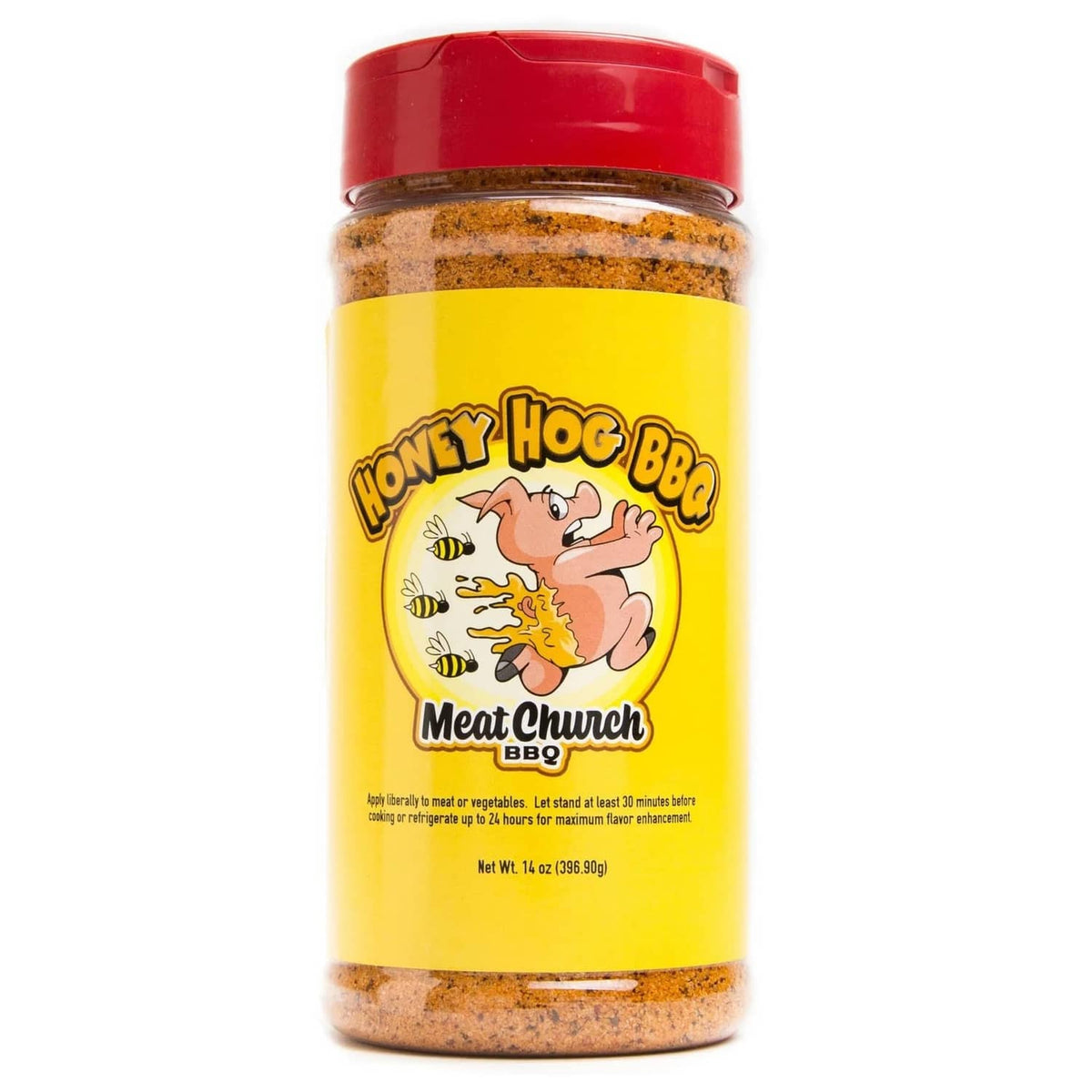BBQ spice rub jar with yellow label and red lid, showing brown seasoning at base