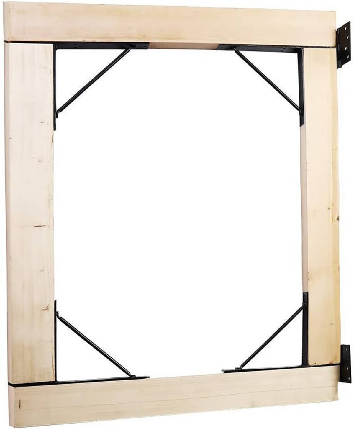 Corner brace bracket kit mounted to a wooden gate frame with black steel supports