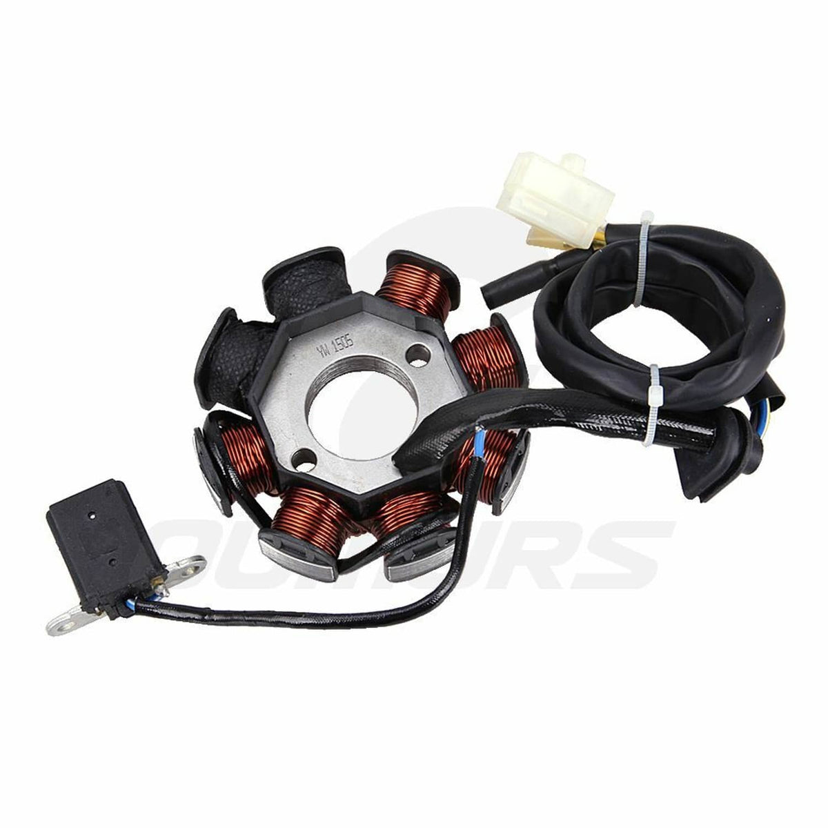 8-coil stator magneto with copper windings, black housing, and wire harness with white plugs