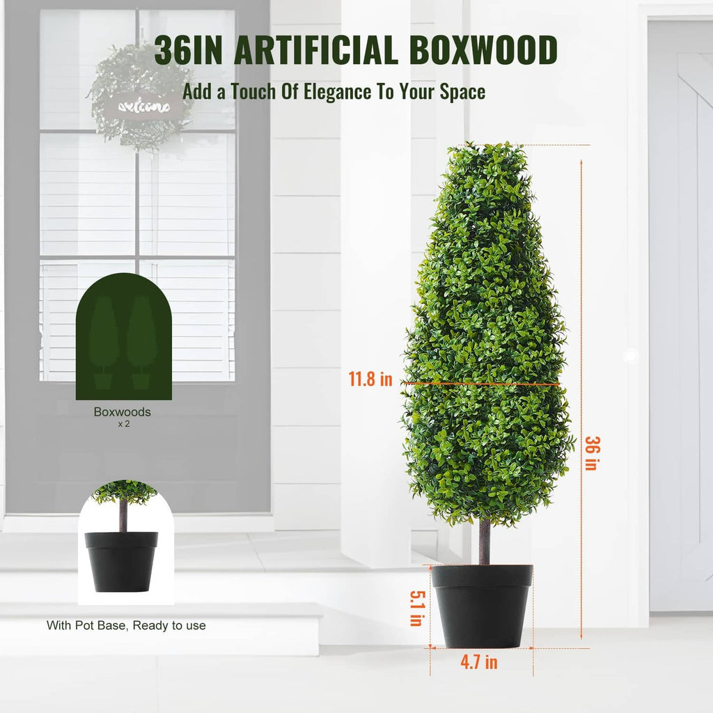 Artificial boxwood topiary tree with bright green conical foliage in a black pot