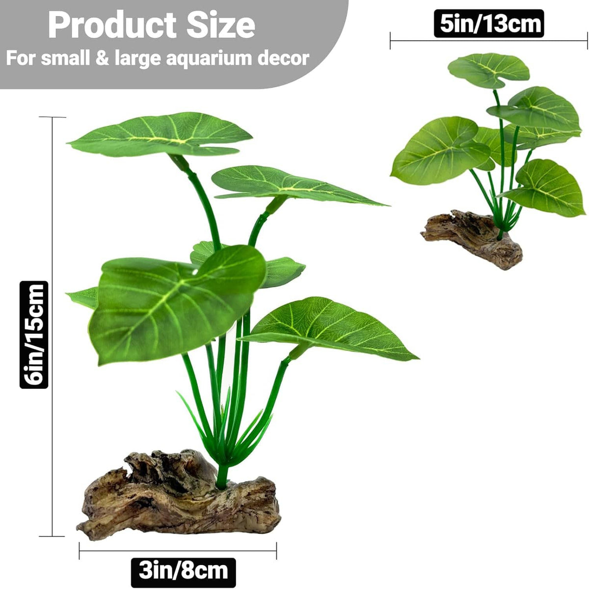Artificial aquarium plant with green leaves on brown driftwood base, size indicated
