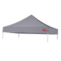Gray pop-up canopy top with peaked roof, side panels and attachment ties