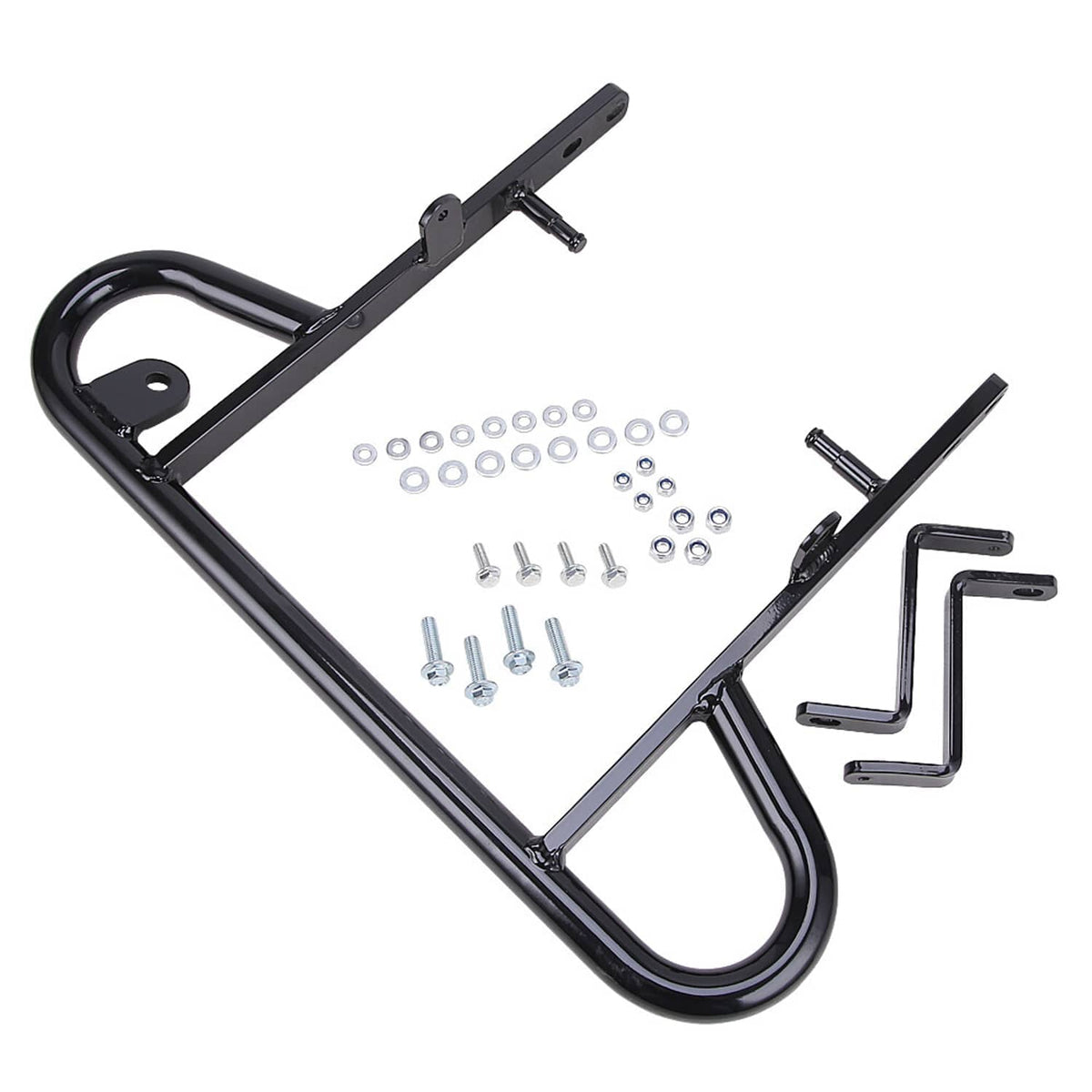 Wide U-shaped rear grab bar kit with mounting brackets and bolts, black finish