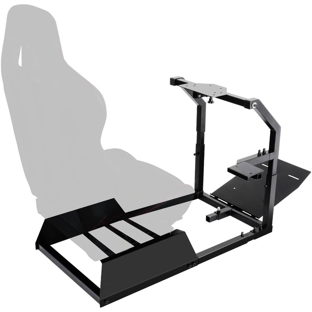 Racing simulator steering wheel stand with black metal frame and gray seat
