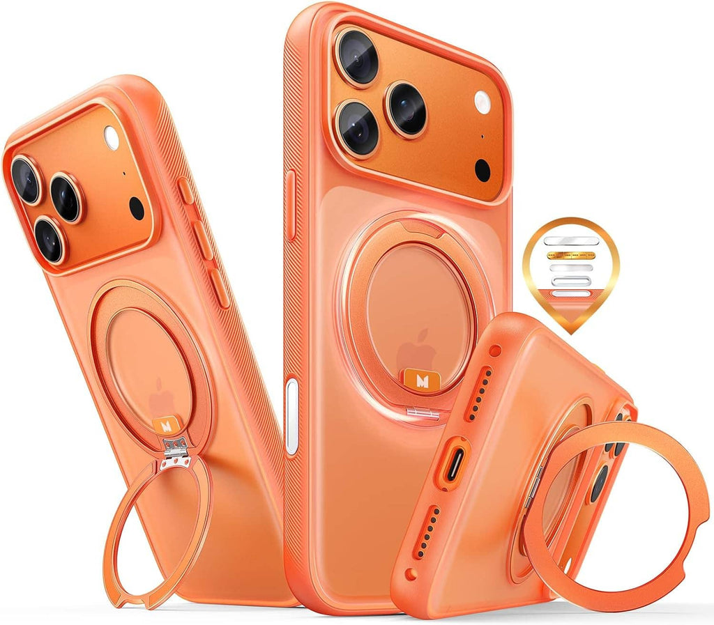 Orange iPhone 17 Pro Max protective case with MagSafe ring and kickstand strap