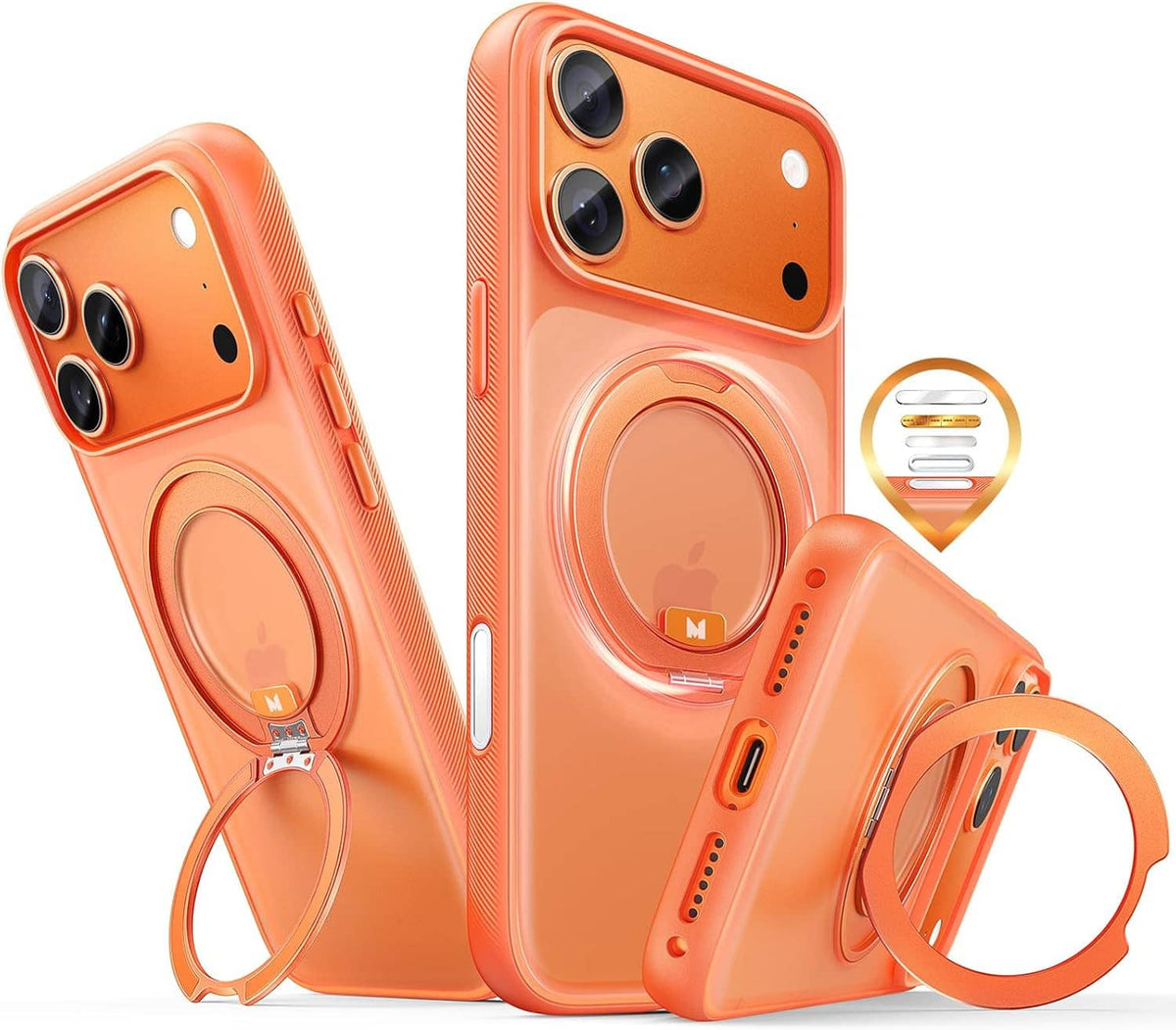 Orange iPhone 17 Pro Max protective case with MagSafe ring and kickstand strap