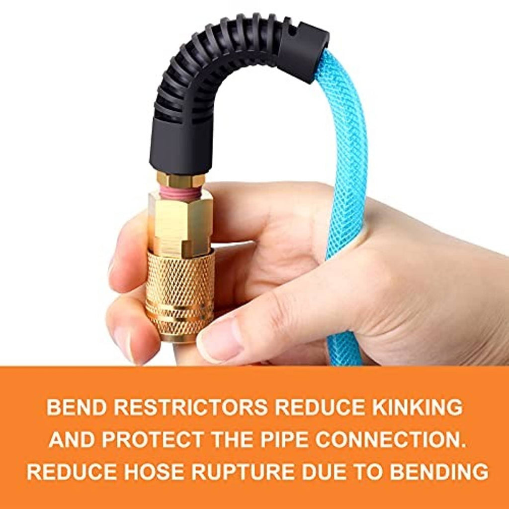 Blue air hose with black bend restrictor and brass coupler, held in hand