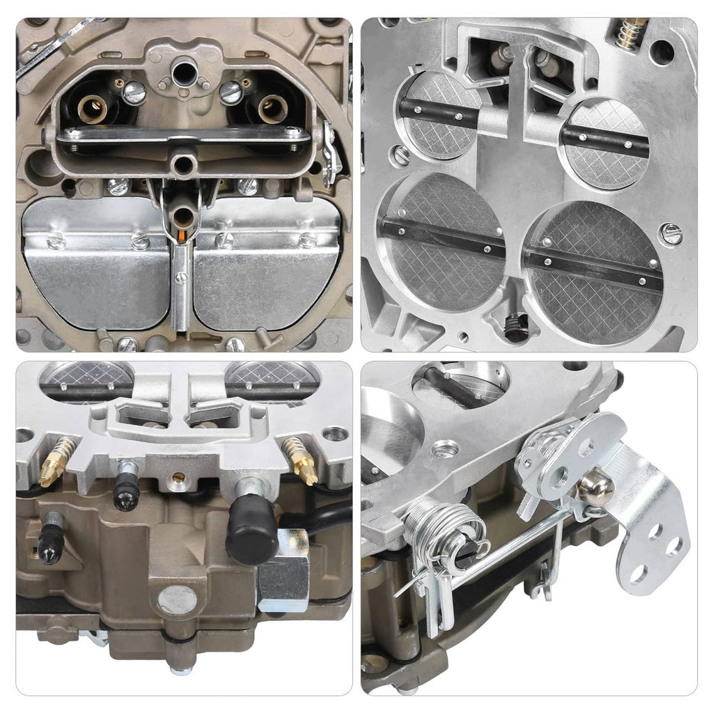 Quadrajet 4MV carburetor close-ups showing throttle area and fuel fittings