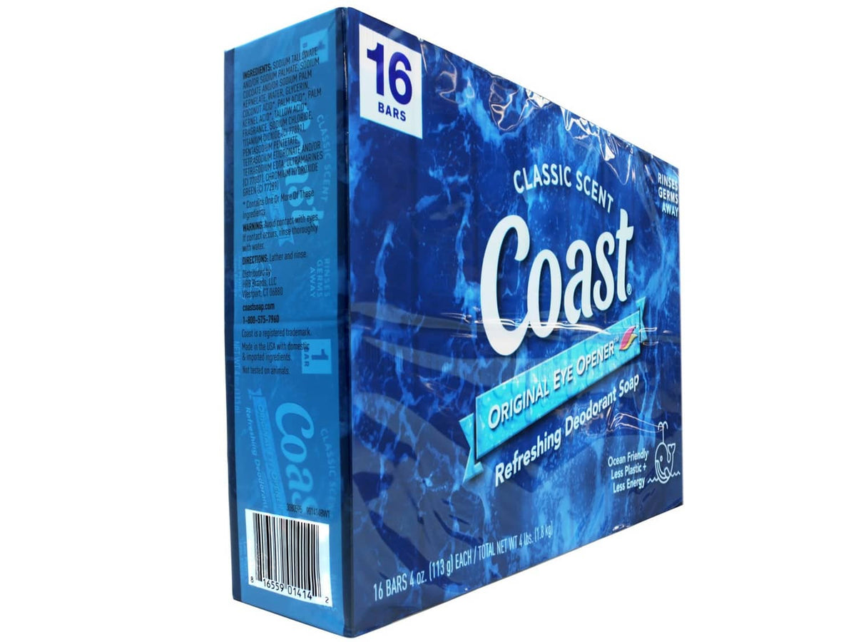 Coast bar deodorant soap box, blue classic scent, barcode side panel