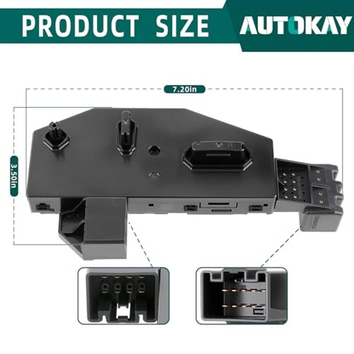 Black power seat control switch module with plug terminals and side connector ports