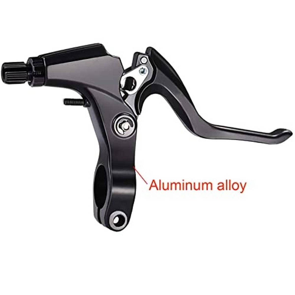 Black aluminum alloy bicycle brake lever with silver pivot bolt and curved reach