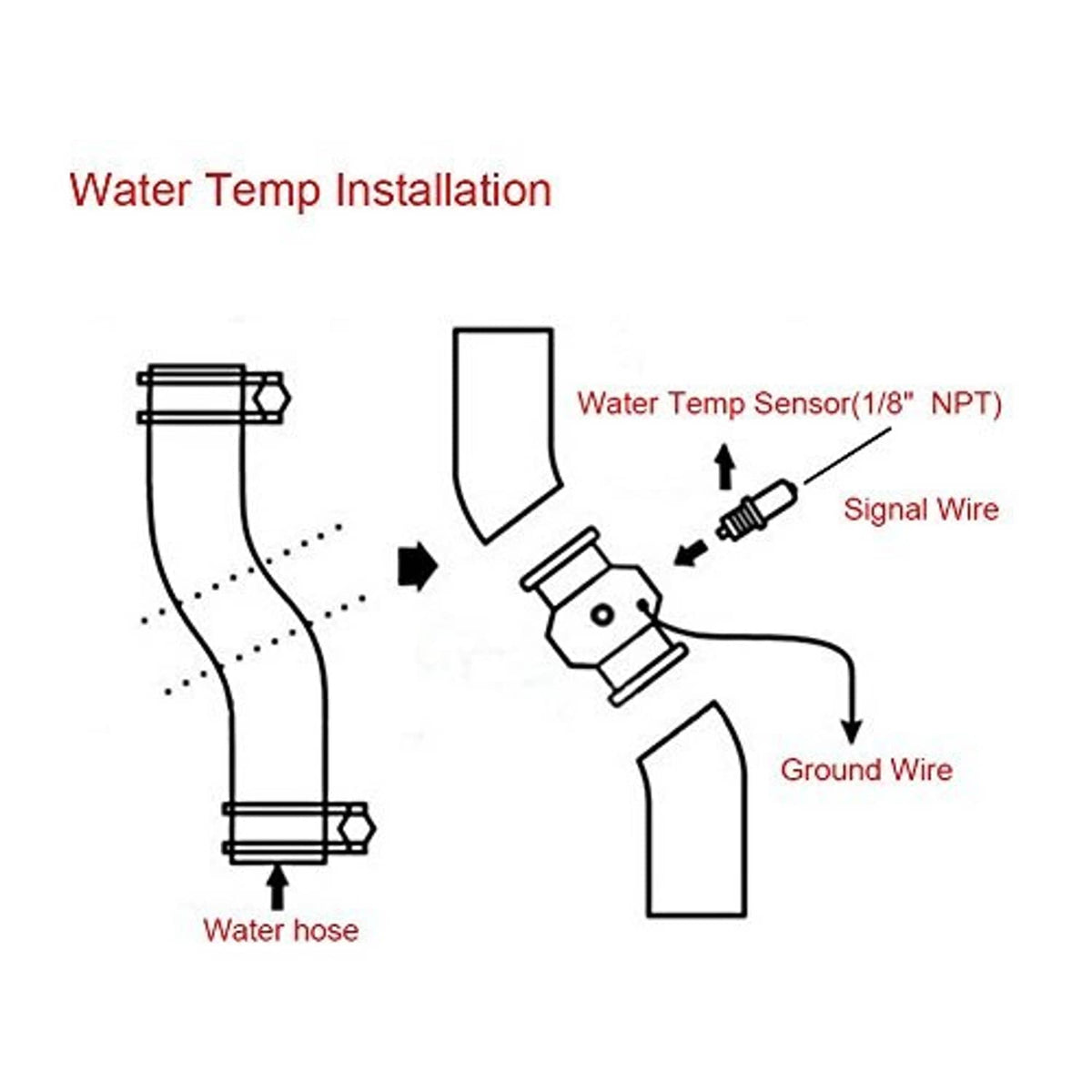 Water temperature sensor installation diagram showing sensor, signal wire, ground wire