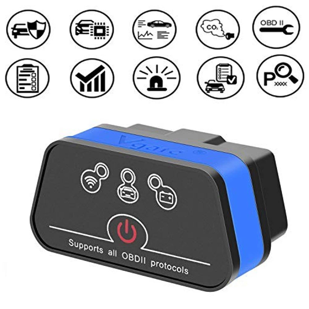 Blue and black OBD2 Wi‑Fi scanner showing protocol support icons