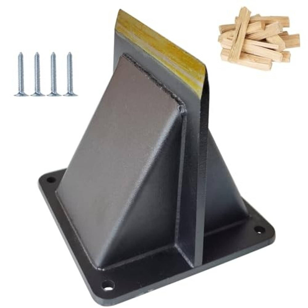 Steel log splitting wedge with black base plate, yellow blade edge, screws, and kindling