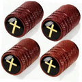 Car tire valve stem caps, burgundy textured set of four with gold cross markings