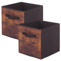 Foldable fabric storage bin with wood-grain front panels and dark sidewalls, black pull handle.