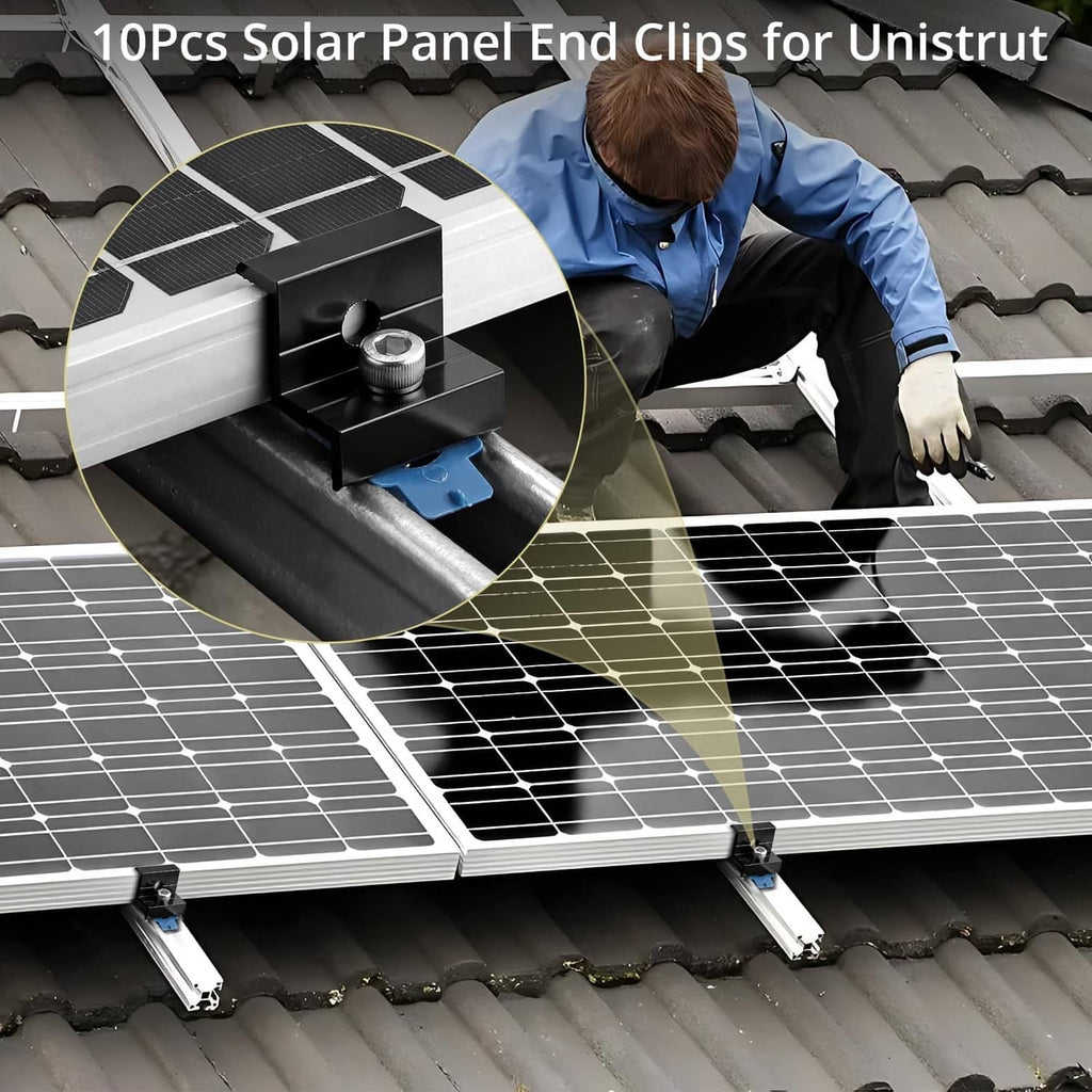 Black solar panel end clamp securing a solar panel to a metal roof rail