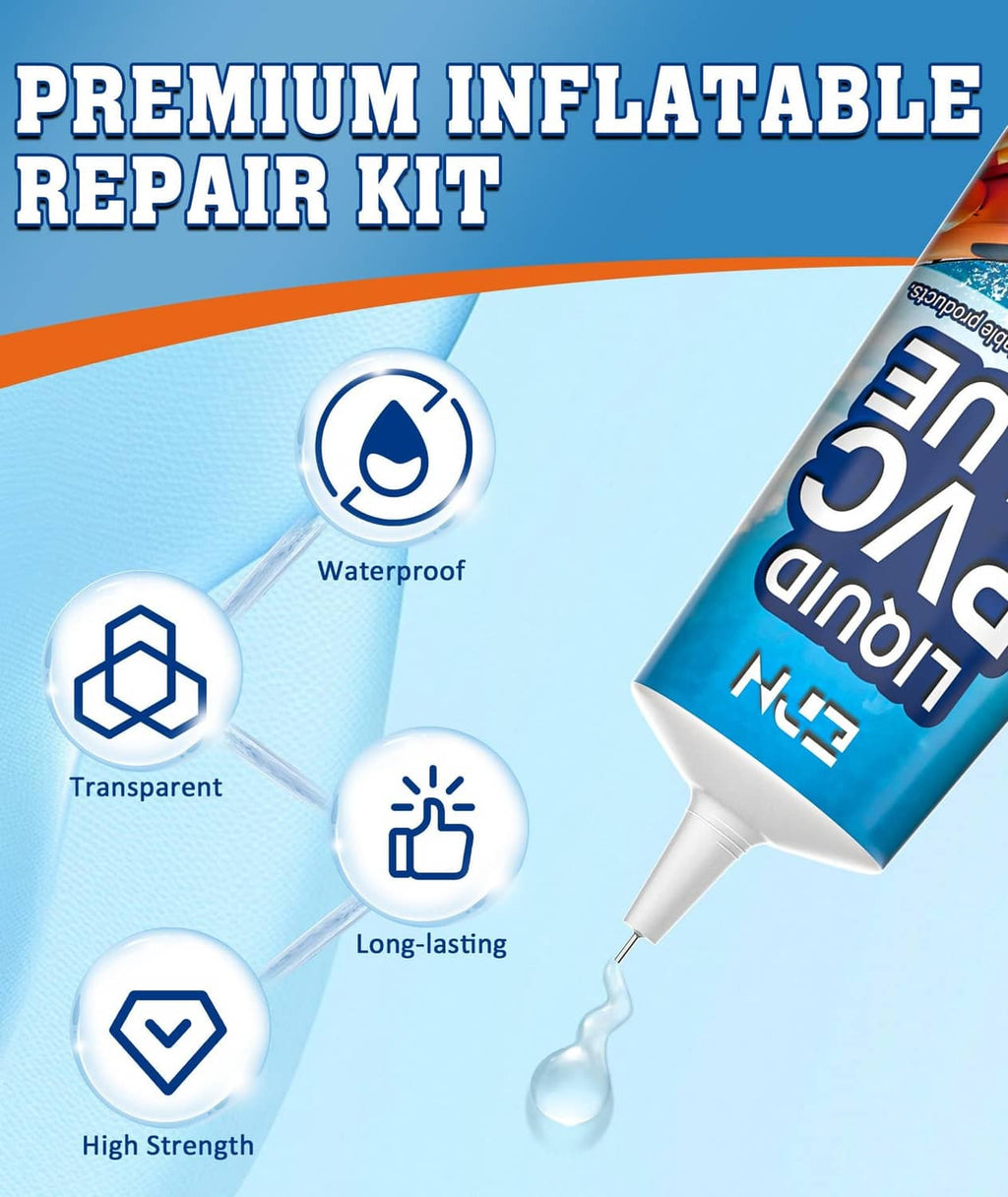 PVC air mattress repair kit with transparent waterproof patches and liquid PVC glue tube