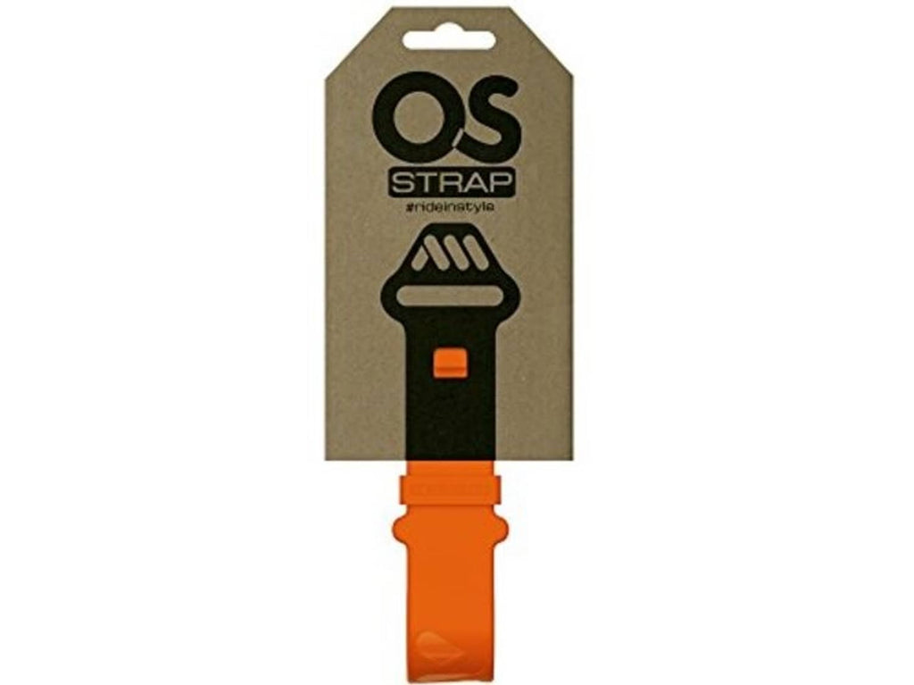 Orange silicone bike camera strap shown on OS STRAP hang card