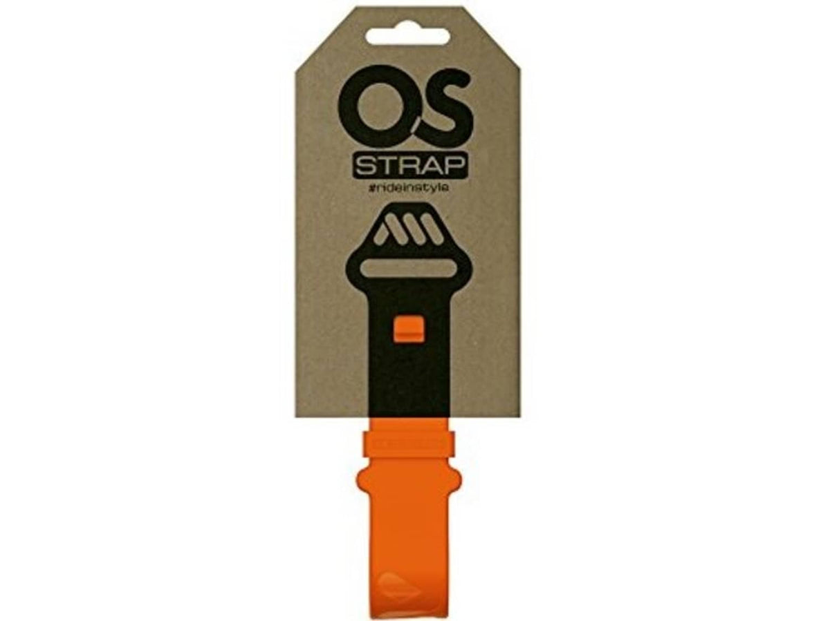 Orange silicone bike camera strap shown on OS STRAP hang card