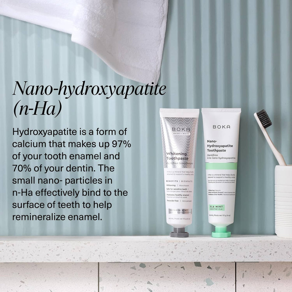 Fluoride-free nano-hydroxyapatite toothpaste tube with green cap and informational label